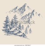 산장 손도장과 소나무 숲, 산봉우리가 배경에 스톡 벡터(로열티 프리) 2382782817 | Shutterstock
