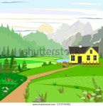 집, 산, 숲, 호수의 전망을 갖춘 스톡 벡터(로열티 프리) 1719744982 | Shutterstock