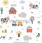 귀여운 소, 양, 농장 집과 함께 스톡 벡터(로열티 프리) 2101688245 | Shutterstock