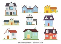 여러 시골의 별장에는 정원 나무가 있다.플랫 스톡 벡터(로열티 프리) 1712660800 | Shutterstock