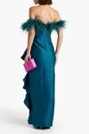 Teal Ruffled feather-trimmed pleated satin-twill gown | BADGLEY MISCHKA | THE OUTNET