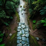 A photo-realistic image of a top-down view of a top-down view of a ten-foot-wide path of stone ending when it crosses perpendicular...