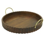 퐝통 | August Grove® Scalloped Mango Wood Serving Tray with Brass Handles – Decorative Round Tray for Coffee Table, Bar...