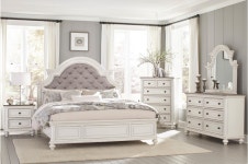 One Allium Way® Othelia Antique White Fabric Panel Bedroom Set Queen 4 Piece: Bed, Dresser, Mirror, Nightstand | Wayfair One...