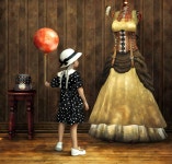 Young girl in polka dot dress with red balloon and antique dressform in vintage room | Deep Dream Generator At the Steampunk...