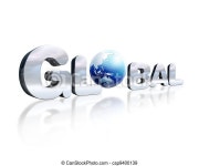 디디얼스(D_the earth) | 3 d chromed lettering with the word global and earth globe in place of the o. on white reflective surface. viewed in slight...