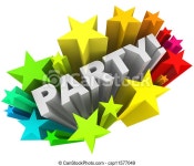 Party word starburst colorful stars invitation fun event. The word party surrounded by a starburst of colorful stars and | CanStock