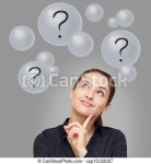Thinking business woman looking up on many bubbles with question mark on grey background. | CanStock