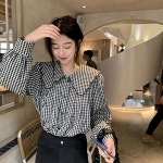 여자와이셔츠 여성 러블리 빅카라 체크 블라우스 물결 넥라인 셔츠