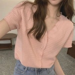 라라에이치엔 | 하프클럽 여자 여름 반팔 블라우스 여성 브이넥 브라우스 핑크
