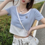 디얼뮤즈 지수 슬림핏 레이어드 배색 반팔 티셔츠 크롭 탑 (스카이블루, 블랙)