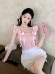 클로디 키치 러블리룩 핑크 리본 격자 체크패턴 밴딩 셔링 오프숄더 크롭 날씬핏 페미닌 여름 블라우스