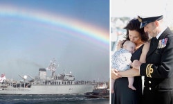 A tiny pot of gold under the rainbow: Navy father smiles as he meets nine week old daughter for the first time | Daily Mail...