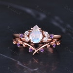 루릴닷컴 | Vintage Pear Shaped Cut Moonstone Ring Set 14k Rose Gold Unique Amethyst Leaf Wedding Bridal Set Marquise Moissanite Women...