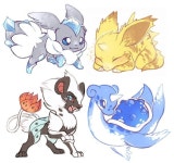 라프라마포지점 | 1. Eevee + Carbink 2. Nidoran + Electabuzz 3. Luxray + Volcarona 4. Lapras + Dragonair #pokemonfusion | 포켓몬, 귀여운 그림
