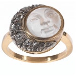 Antique Carved Moonstone Diamond gold Man in the Moon Ring | From a unique collection of vintage cluster rings at https://www....