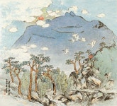 (Korea) Sun rise and the stream in the pines by Bak Haeng-bo (1935- ). brush watercolor on paper. | 그림, 칠하기, 예술