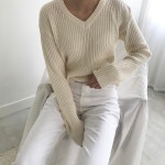 All white ✨ . . #데일리룩 #오오티디 #블로그마켓 #브이넥니트 #프롬제이 | White jeans, Pullover, Fashion