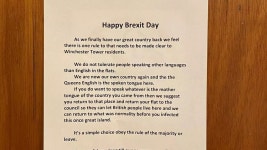 'Happy Brexit Day' sign in block of flats demands residents 'speak English or leave' - Daily Star 'Happy Brexit Day' sign in flat...
