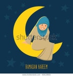 Happy Ramadan Woman Sit On Moon 스톡 벡터(로열티 프리) 426128935