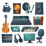 Vector cartoon set of sound recording tools, guitar and synthesizer, audio mixer, amplifier and microphone. Professional music...