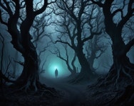 Eldritch high gothic tim Burton style dark forest hallow oily black trees glowing white red death moon flo... | Deep Dream Generator