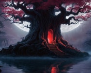 Eldritch high gothic tim Burton style dark forest hallow oily black trees glowing white red death moon flo... | Deep Dream Generator