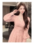 로즈엘레이디 럭셔리 여신 핑크 플록 자카드 롱 슬림 A라인 드레스
