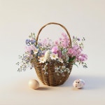 3d easter colorfull eggs basket with flowers iso | Premium AI-generated image