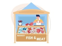 육고기랑물고기 | Sea life illustration a fishmonger with a worried face holding a box of stock | Premium Vector