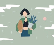레온 킬러의 마틸다. 화분에 심은 꽃, 화분과 고립 된 소녀와 꽃집 여자. | 프리미엄 벡터