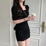 블러핏 하객룩 셔링 퍼프 미니 원피스