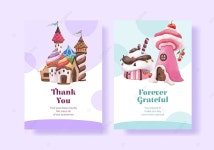 사탕 토지 개념 디자인 수채화 일러스트와 함께 카드 템플릿 템플릿 PSD 다운로드, 디자인 자료 다운로드