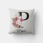 위티피(Witty P) | Monogram Pink Boho Girly Floral Initial P Throw Pillow | Zazzle