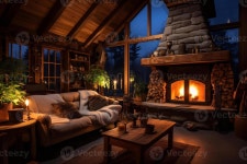 Juny's Cozy Home | a cozy rustic home interior with fireplace AI Generative 33504006 Stock Photo at Vecteezy a cozy rustic home interior with...