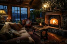 Juny's Cozy Home | a cozy rustic home interior with fireplace AI Generative 33504278 Stock Photo at Vecteezy a cozy rustic home interior with...