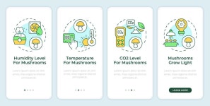 Mushroom growing conditions onboarding mobile app screen. Walkthrough 4 steps editable graphic instructions with linear concepts....