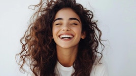 a plain light background. 57227367 Stock Photo at Vecteezy Download A young woman with curly brown hair smiles widely, her eyes...