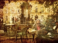 팍스마케티나 | Man reading newspaper at cafe in Aix-en-Provence France. Artistic work of my own. Several photos worked together to make an old...