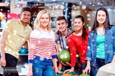people, leisure, sport, friendship and entertainment concept - happy friends in bowling club at winter season - 당신의 크리에이티브...