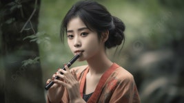 숲에서 플루트를 들고 아름다운 소녀, 플루트를 연주하는 캐주얼 여성, 고화질 사진 사진, 말뿐인 배경 일러스...