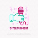 Hand With Microphone Thin Line Icon. Karaoke, Interview, Sin...