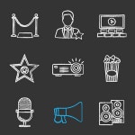 레드 카펫, 배우, 스크린, 영화 배우, 프로젝터, 팝콘, 마이크, 확성기, 스테레오 시스템. 격리 된 벡터...
